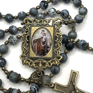 Catholic Rosary Beads: Grey Agate, Our Lady of Mount Carmel Medal
