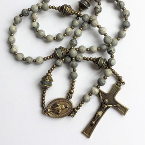 Vintage Style Jasper Rosary: Labradorite, Brass Crucifix & Miraculous Medal