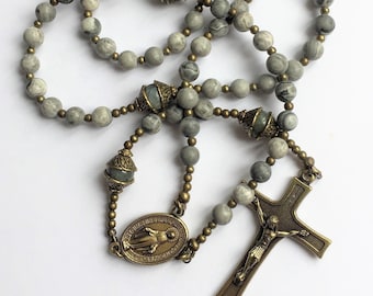 Handmade Vintage Style Jasper Rosary: Labradorite, Brass Crucifix & Miraculous Medal