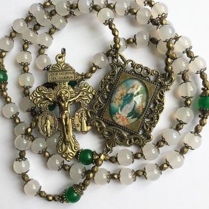 Vintage Style Catholic Rosary Beads,  Assumption of the Blessed Virgin Mary Picture,  Pardon Crucifix Prayer Beads, Gemstone Rosary Beads