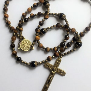 Vintage Style Catholic Rosary, Tiger’s Eye Gemstone Prayer Beads, The Holy Face of Jesus Rosary Beads, Religious Gift, Christian Gift