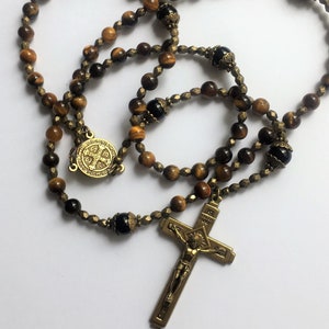 Tiger&#39;s Eye Catholic Rosary: St Benedict Cross, Black Agate Prayer Beads