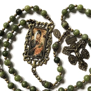Green Jade Catholic Rosary Beads: Pardon Crucifix, Our Lady Medal