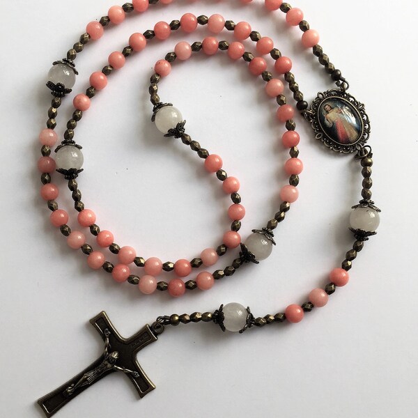 Vintage Style Catholic Rosary, Gemstone Prayer Beads, Divine Mercy Rosary Beads, Christian Gift, Religious Gift, Girls Rosary Beads
