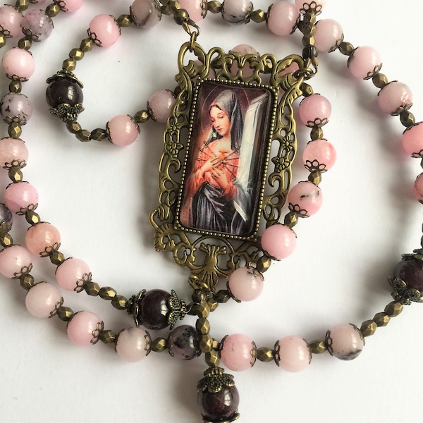 Catholic Rosary Beads, Pardon Crucifix, Our Lady of Sorrows Prayer Beads, Gemstone Rosary Beads, Christian Gift, Catholic Gift