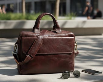 Personalised Leather Laptop Messenger Bag- Custom Work Briefcase with Compartments, Leather Gift for Men