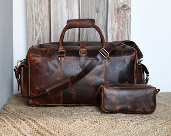 Personalized Men's Brown Leather Travel Gift Set|Engraved Leather Duffle Bag|Unique Mens Gift|Valentines Gifts For Him|Duffle and Dopp Kit