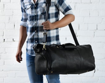Monogrammed Black Leather Duffel Bag: Personalized Weekender Travel Bag | Travel Gifts for Him