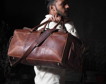 Engraved Handmade Full Grain Leather Duffle Bag|Personalized Gifts for Him|Brown Leather Holdall|Leather Weekend Bag For Men|Valentines Gift