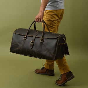 Personalised Leather Duffle Bag Men|Monogrammed Leather Weekender Bag|Bespoke Travel Holdall|Large Overnight Bag|Laser Engraved Gift For Him