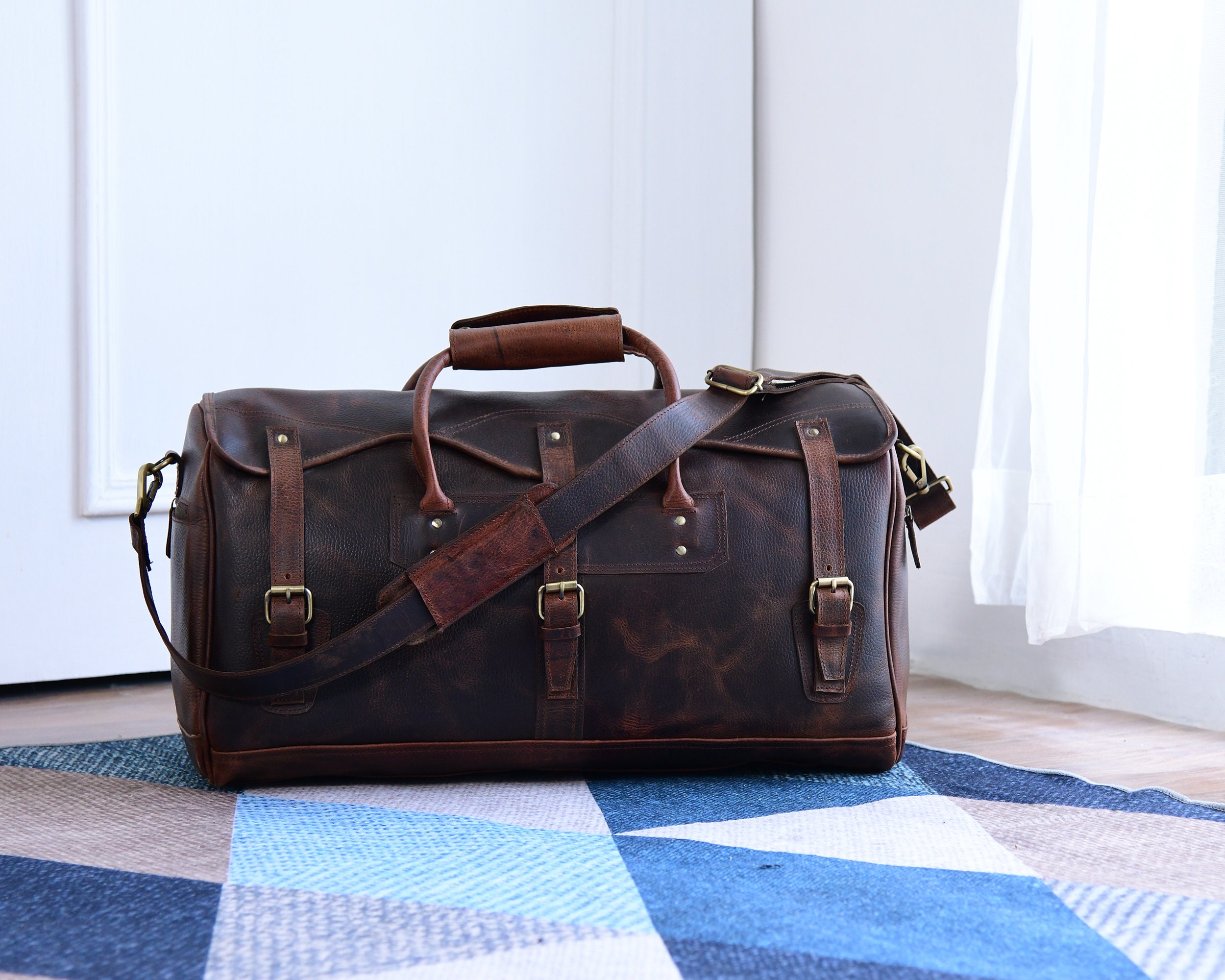 Genuine Full Grain Buffalo Leather Duffle Bag|22-inch Weekender Bag TSA Approved|Vintage Style Overnight Luggage|Personalized Gifts For Him