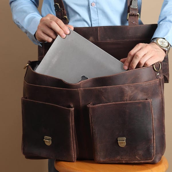Leather Laptop Bag for Men, Full Grain Messenger Briefcase, Work Office Satchel, Crossbody Business Bag Gift
