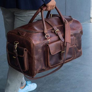 Handmade Leather Duffle Bag Brown Weekend Travel Bag Carry-on Leather Holdall Custom Vintage Overnight Bag Personalised Leather Gift For Him