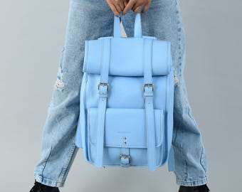 L. Credi Navy Blue Genuine Leather Backpack Made in Italy Pebbled Leather Bag L. CREDI Italian Leather Backpack - Navy Blue Full Grain  main image 4