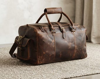 Full-Grain Leather Duffle Bag, Carry-On Leather Weekender Bag, Travel Holdall, Personalised Christmas Gift for Him