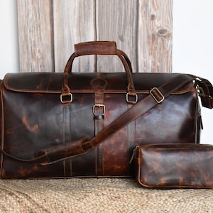 Personalized Full-Grain Leather Duffle Bag | Brown Weekender Travel Carry-On | Travel Gift Set for Men, Husband, Father | Gym Holdall Bag