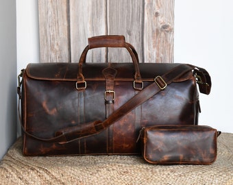 Personalized Full-Grain Leather Duffle Bag | Brown Weekender Travel Carry-On | Travel Gift Set for Men, Husband, Father | Gym Holdall Bag