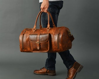 Personalized Leather Weekender Bag for Men – Handmade Full-Grain Overnight Holdall – Custom Travel Gift – Cabin Bag for Him – Christmas Gift