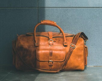 Mens Leather Travel Bag- Personalized Weekend Duffle Carry on Holdall