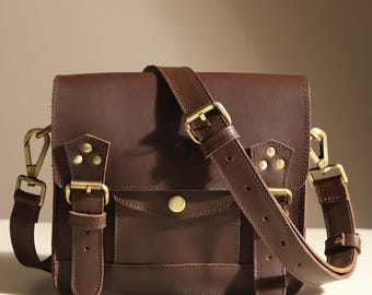 Handmade Full Grain Leather Mini Crossbody Satchel Purse: Gift for Her