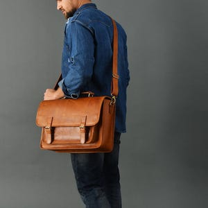 Personalised Leather Messenger Bag: Handmade 15" Laptop Work Briefcase | Monogrammed Gift for Him