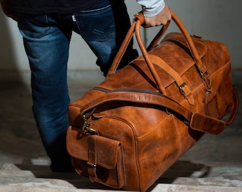 Handmade Top-Grain Leather Weekender | Custom Monogram Duffel Bag | Overnight Gym Carryall | Groomsmen Gift Anniversary Gift For Him