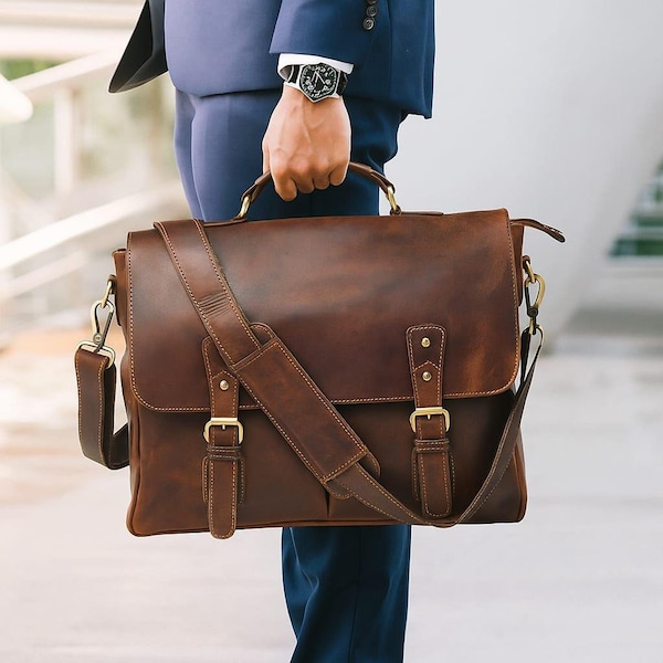 Handmade Personalised Full-Grain Leather Messenger Bag: Laser Engraved 15" Laptop Satchel Gift for Him