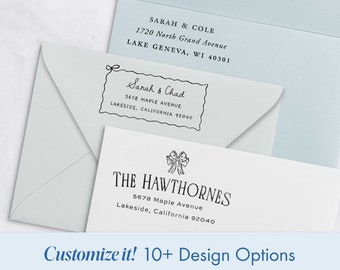 Coquette Stationary Return Address Stamp Modern Bow Wedding Invitation Stamp Self Inking Squiggle Wedding Stamp Address Custom Newlywed Gift