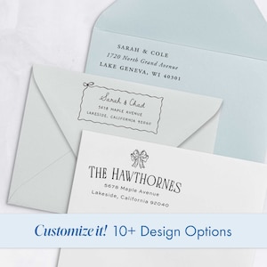 Coquette Stationary Return Address Stamp Modern Bow Wedding Invitation Stamp Self Inking Squiggle Wedding Stamp Address Custom Newlywed Gift