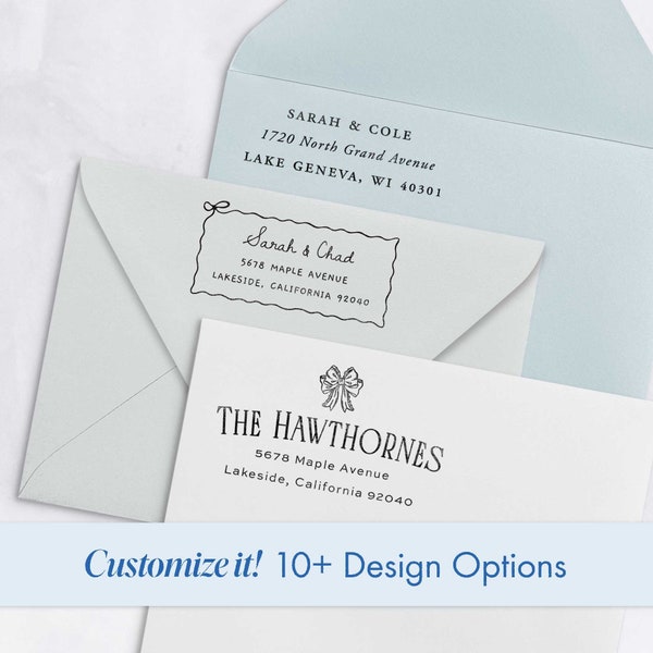 Coquette Stationary Return Address Stamp Modern Bow Wedding Invitation Stamp Self Inking Squiggle Wedding Stamp Address Custom Newlywed Gift
