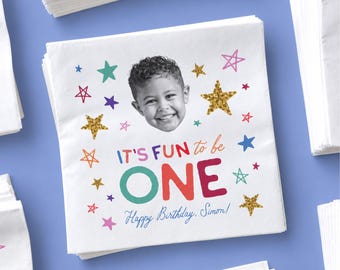 Fun to Be One Napkin Personalized First Birthday Boy Decor 90s Retro Theme Party Idea Custom Photo Napkin Colorful Celestial Cake Topper