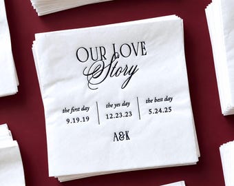 Personalized Love Story Wedding Cocktail Napkin Foil Stamped Custom Napkin Party Supply Engagement or Anniversary Party Beverage Napkin