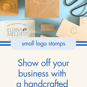 May include: A collection of small wooden logo stamps with various designs, including a circle with a line through it, a cursive script logo, and a cluster of apples. The stamps are displayed on a blue background with a white text overlay that reads "small logo stamps" and "Show off your business with a handcrafted rubber stamp Laviena CREATIVE @".  The text "Need ink? We've got options..." is displayed below the stamps.  Six ink pads are displayed below the text, each with a different color ink: black, blue, green, teal, red, and a darker green.