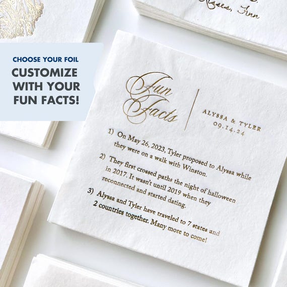Fun Fact Cocktail Napkin Personalized Couple Wedding Shower Decorations Custom Bar Napkin for Engagement Party Luncheon Bridal Shower Napkin