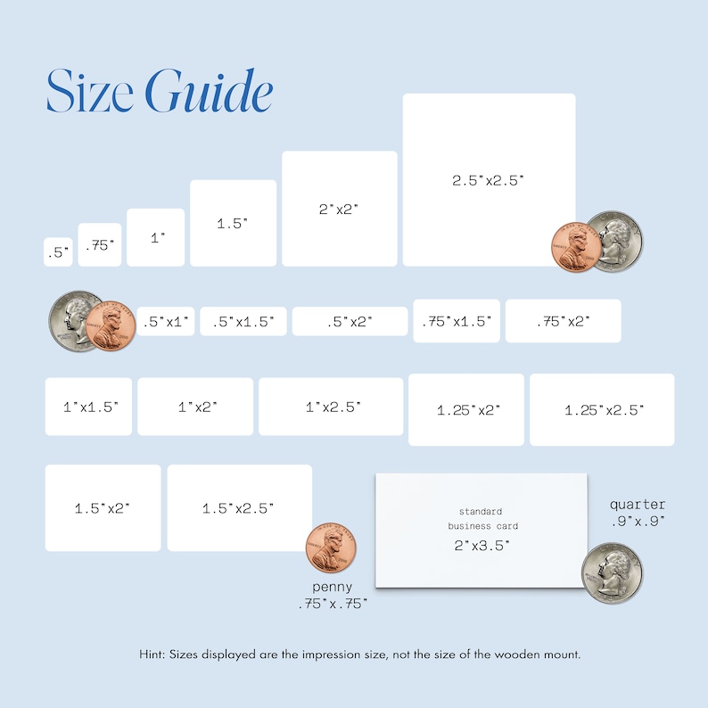 May include: A size guide for coin impressions, showing different sizes of coins and their corresponding dimensions in inches. The guide includes a penny, a quarter, and a standard business card.