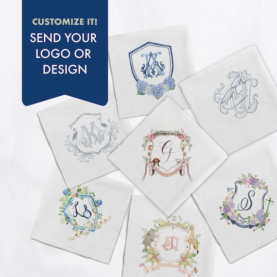 Custom Wedding Crest Napkin Wedding Logo Monogram Cocktail Napkin Family Crest Full Color Linen Like Napkin Full Color Bridal Party Supply