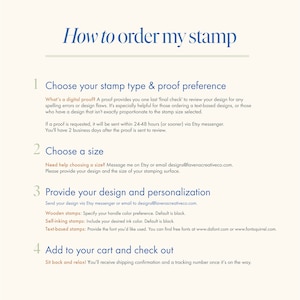 May include: A four-step guide on how to order a custom stamp. The steps include choosing a stamp type and proof preference, choosing a size, providing your design and personalization, and adding to your cart and checking out. The guide includes information about digital proofs, handle color preference, ink color preference, and free fonts.
