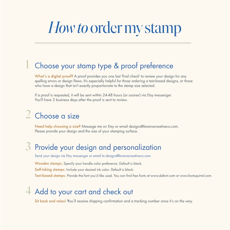 May include: A four-step guide on how to order a custom stamp. The steps include choosing a stamp type and proof preference, choosing a size, providing your design and personalization, and adding to your cart and checking out. The guide includes information about digital proofs, handle color preference, ink color preference, and free fonts.