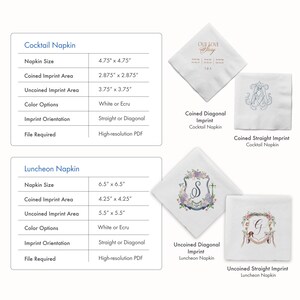 a collection of napkin designs, including cocktail napkins and lunch napkins, with various sizes and colors. The napkins are described in detail, including their sizes, impprint areas, color options, and file requirements.