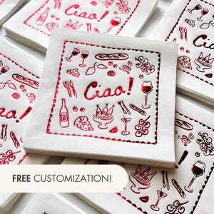 Italian Party Foil Napkin Hand Drawn Whimsical Wedding Napkin Dinner Party Pasta Decoration Slice of Fun Pizza Party Favors Personalized