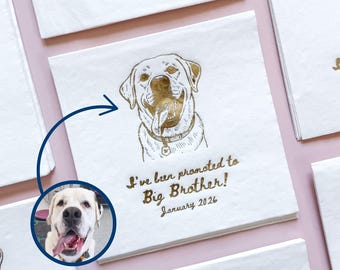 Personalized Baby Shower Pet Napkins Gender Reveal Pregnancy Announcement Party Decor Custom Dog Brother or Sister Foil Cocktail Napkins