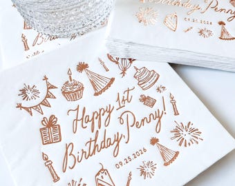 Custom Birthday Napkins Whimsical Party Theme Decor Personalized First Birthday Sweet Sixteen Cocktail Napkins Quick Ship Cake Topper Decor