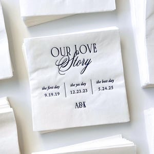 Personalized Love Story Wedding Cocktail Napkin Foil Stamped Custom Napkin Party Supply Engagement or Anniversary Party Beverage Napkin