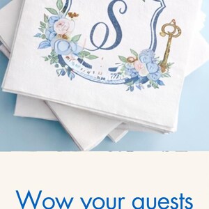 The image is a collage of three photos featuring custom cocktail napkins with floral designs and monogrammed initials.