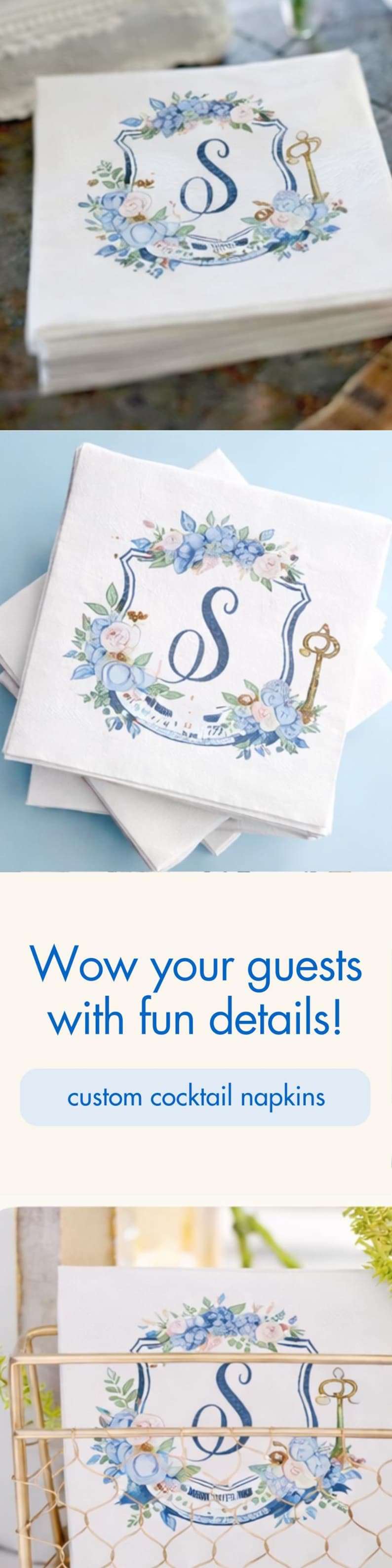 The image is a collage of three photos featuring custom cocktail napkins with floral designs and monogrammed initials.
