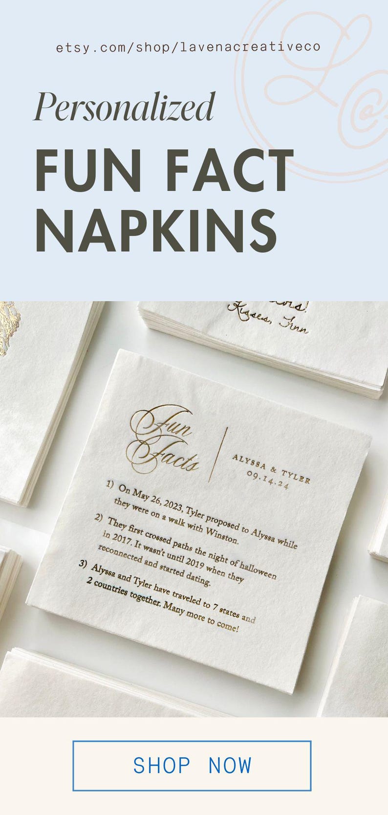 a flyer for a personalized fun fact napkins