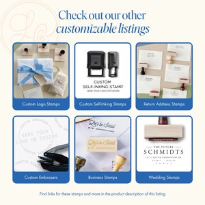 May include: A collage of six images showcasing different types of customizable stamps and embossers. The images include custom logo stamps, self-inking stamps, return address stamps, custom embossers, business stamps, and wedding stamps.