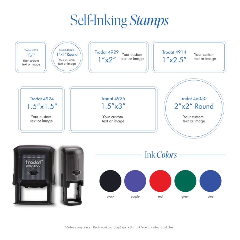 May include: Self-inking stamps in various sizes, including 1x1 inch, 1x2 inch, 1.5x1.5 inch, 1.5x3 inch, 1x2.5 inch, and 2x2 inch round. The stamps are black and have a silver trim. The text on the stamps reads "Your custom text or image". The image also shows ink colors: black, purple, red, green, and blue.