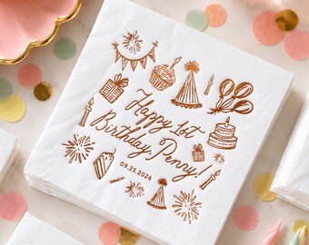 Custom Birthday Napkins Whimsical Party Theme Decor Personalized First Birthday Sweet Sixteen Cocktail Napkins Quick Ship Cake Topper Decor