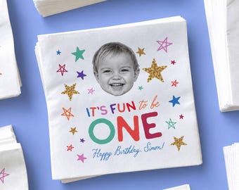 Fun to Be One Napkin Personalized First Birthday Boy Decor 90s Retro Theme Party Idea Custom Photo Napkin Colorful Celestial Cake Topper